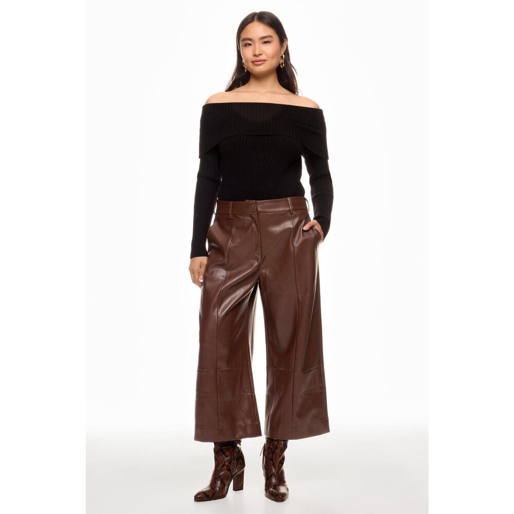 Woven Cropped Jacket and Faux Leather Culotte Pants Set - Brown/Tan - Picture 6 of 12